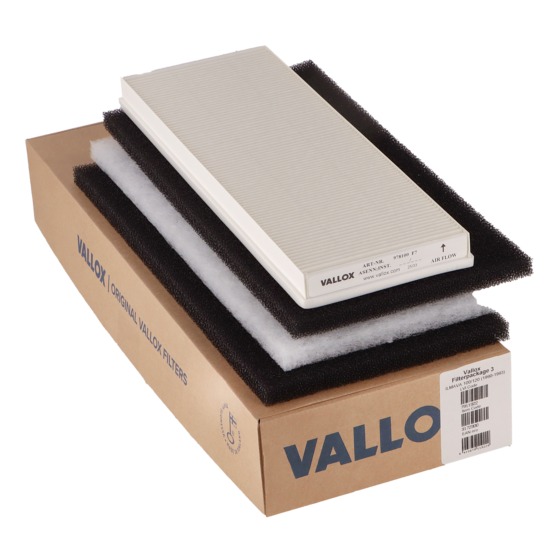Vallox ILMAVA 100/120 (1990–1993) suodatinsarja nro 3 G1+G1+G4+F7 (alkuperäinen)